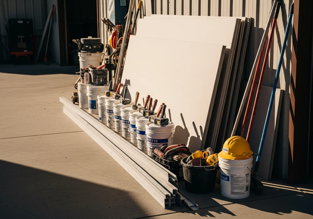 Drywall contractor tools and materials on a job site, ready for installation or repair work.