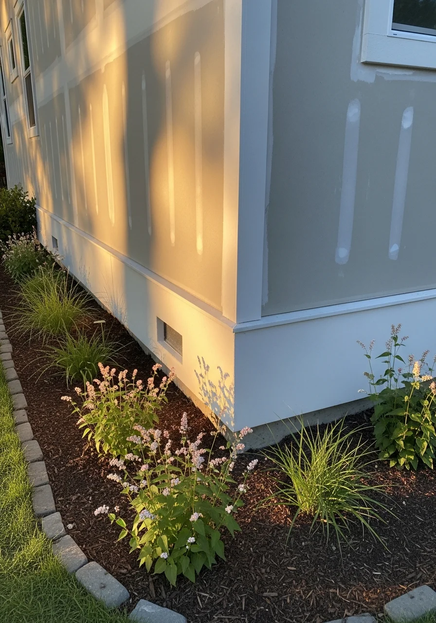 Close-up of a Chico home's exterior foundation and landscaping detail.