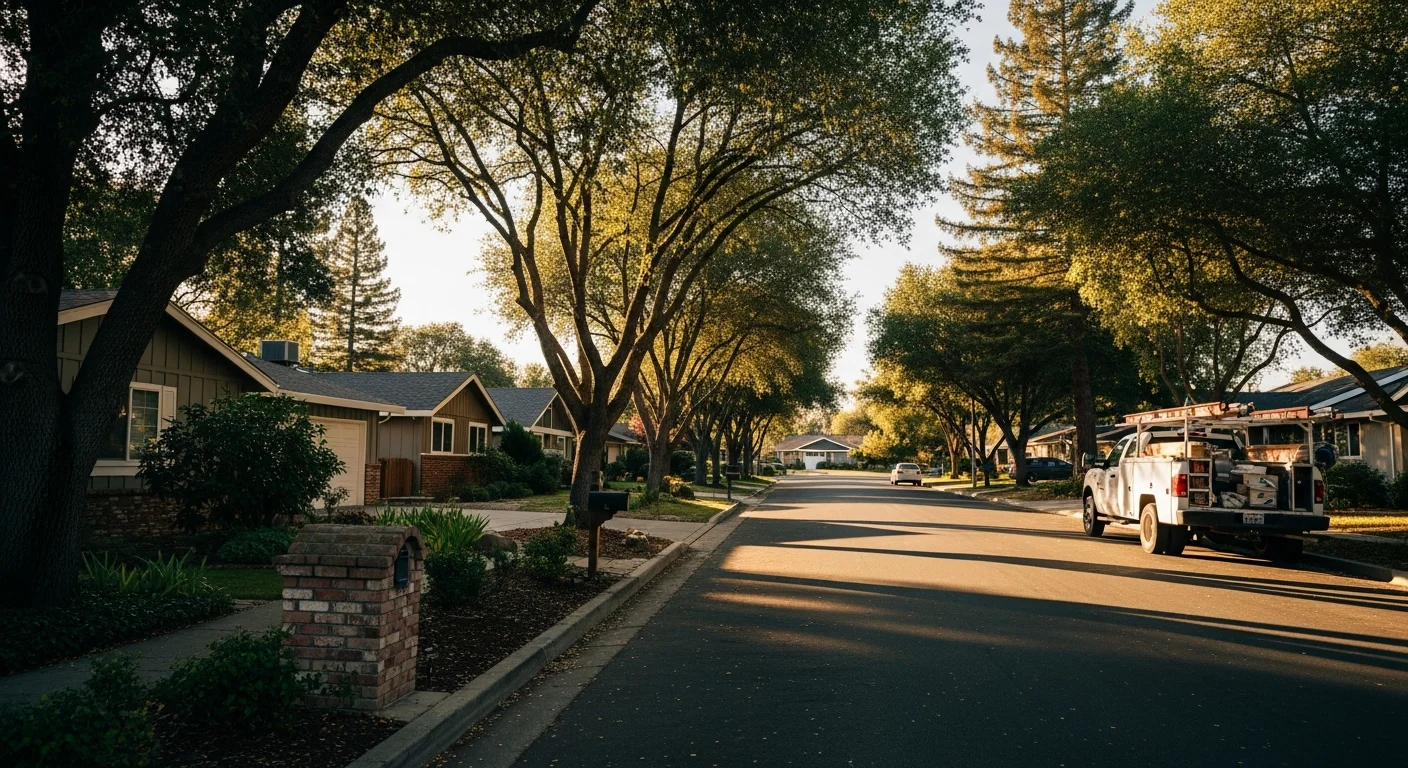 Chico residential street with mature trees and mixed-era homes, showing typical neighborhood character.