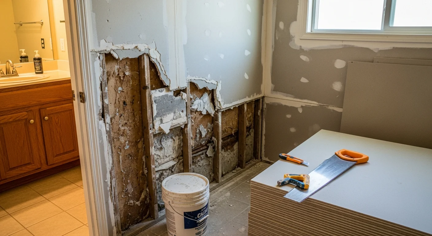 A finished bathroom remodel in a Chico home showing smooth drywall, tile surround, and a new vanity installation. The walls are clean and level with no visible seams or moisture damage.