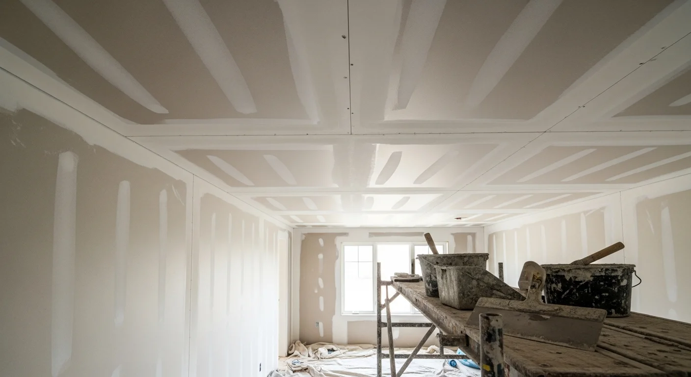 A freshly installed drywall ceiling in a Chico, CA residential room showing smooth, even boards with taped joints ready for texture. The ceiling spans a standard single-story room with visible framing access typical of Chico tract-built homes.