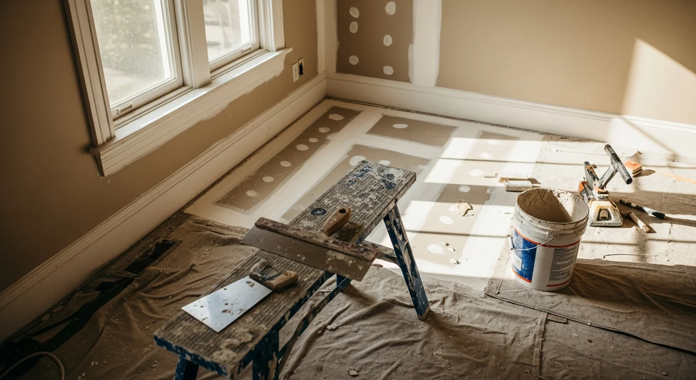 A freshly repaired and texture-matched drywall ceiling in a Chico home, showing a smooth, crack-free surface with no visible water stains or patches. A ceiling contractor's work area is visible below with finishing tools on a nearby surface.