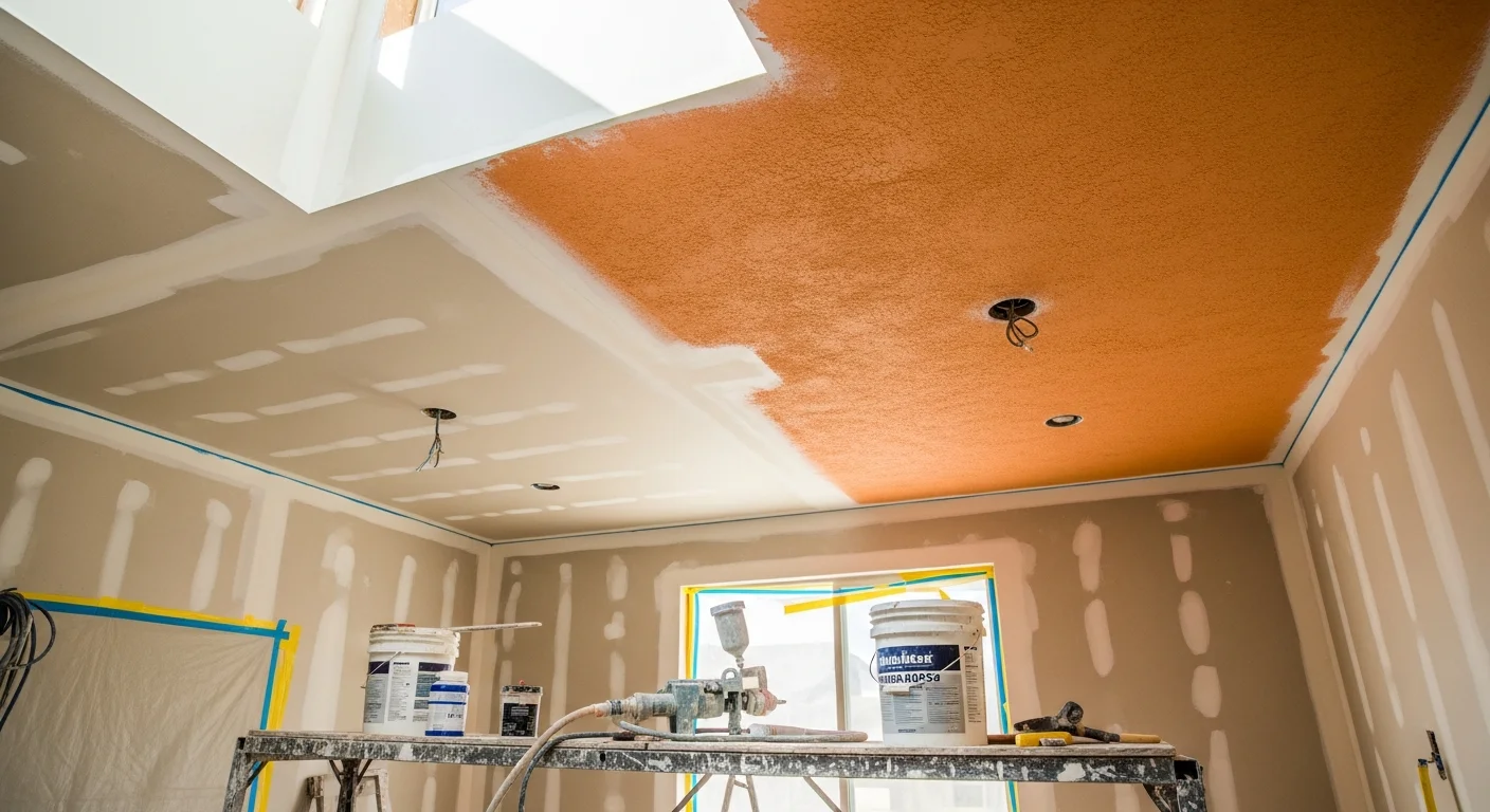 A freshly retextured residential ceiling in a Chico home showing a smooth, even orange peel finish after old popcorn texture removal. The ceiling surface is uniform with no visible patches or seams under natural light.