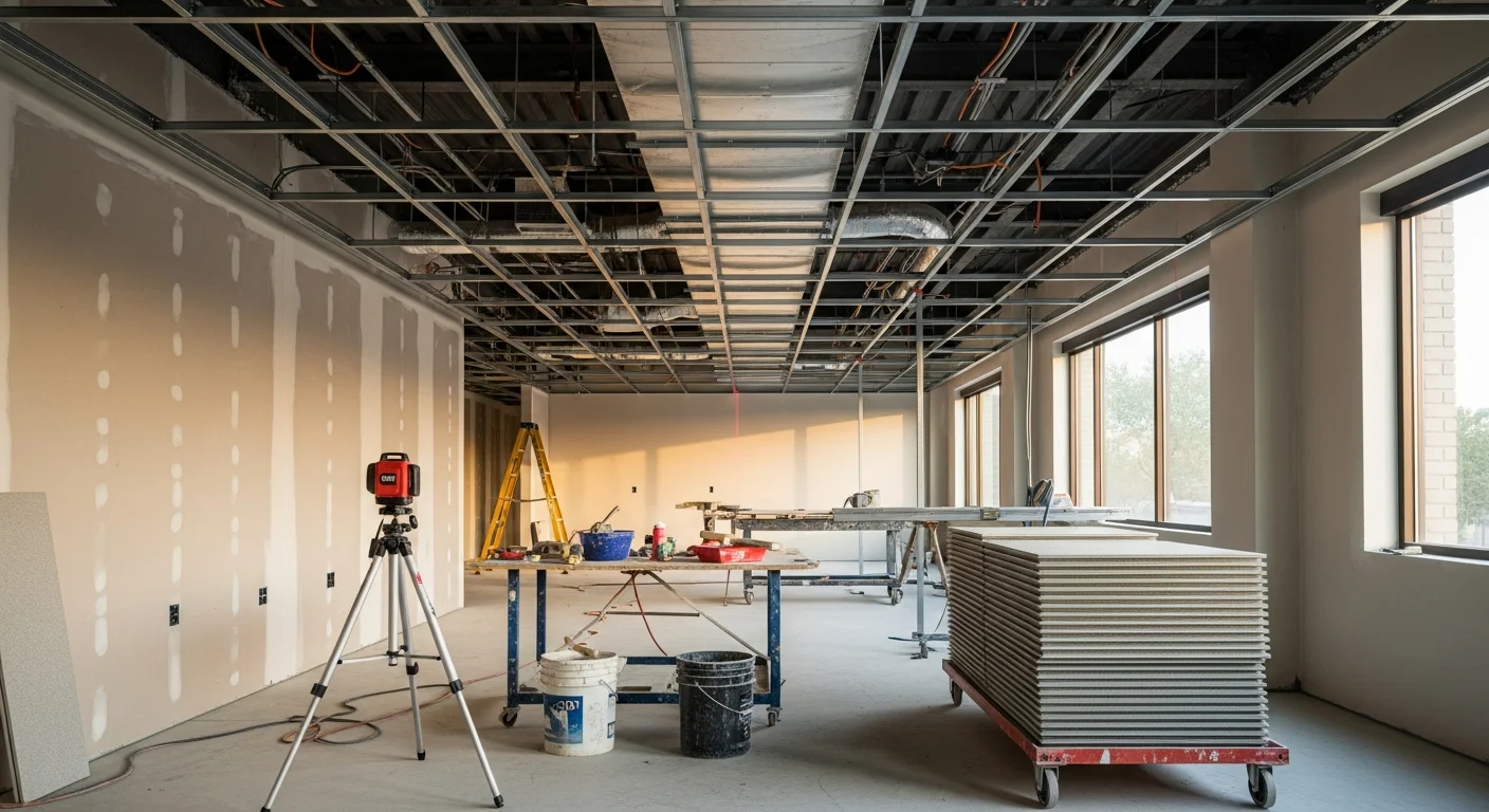 A finished commercial ceiling installation in a Chico, CA office space showing smooth drywall panels and clean grid lines ready for paint. The ceiling reflects coordinated trade work with no visible gaps at mechanical penetrations or transitions.