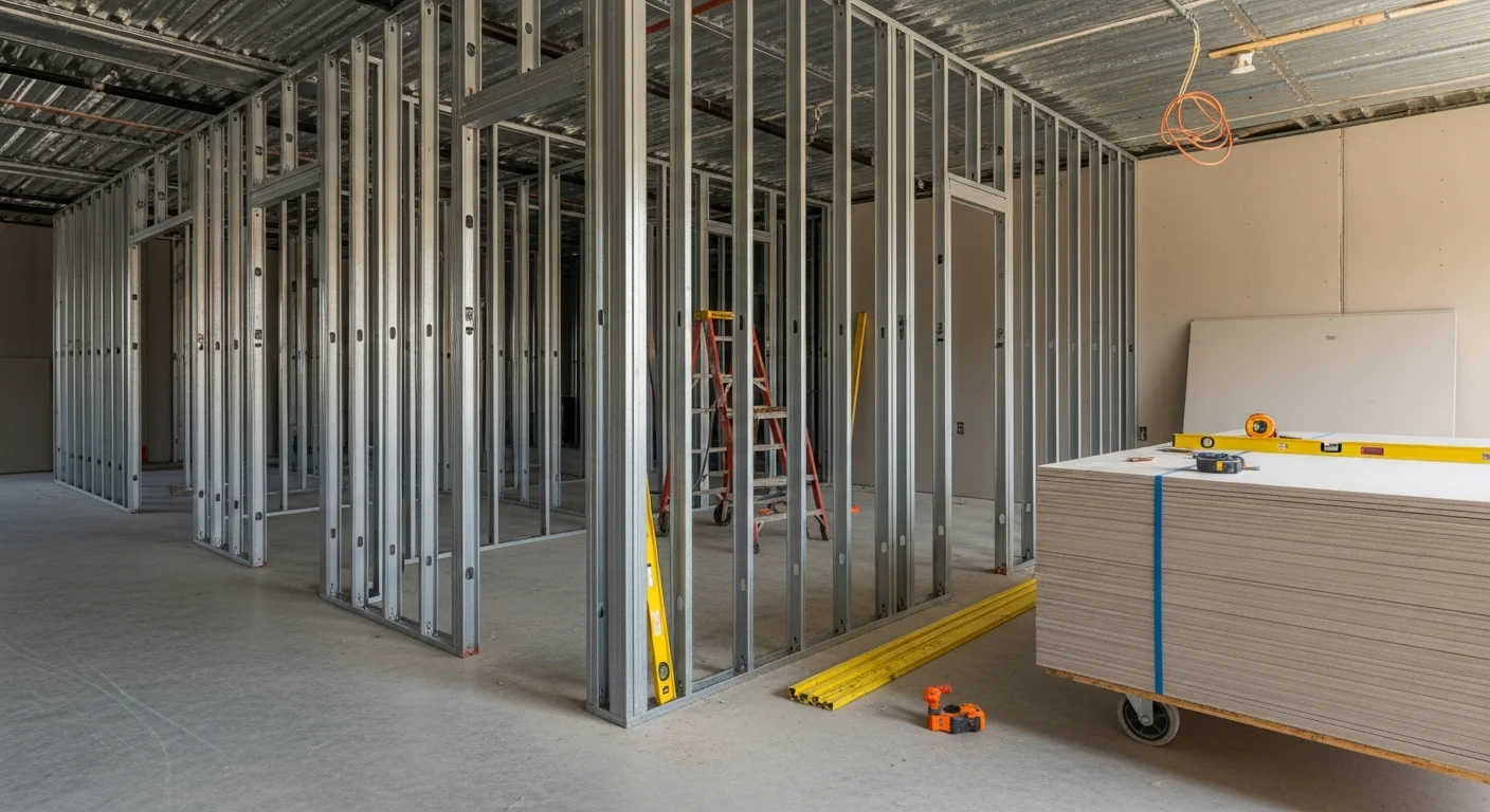 Freshly framed and drywalled interior of a commercial office space under construction in Chico, CA, showing metal stud framing and installed drywall panels across a large open floor plan. Smooth-finished partition walls divide the space into individual office suites ready for inspection.