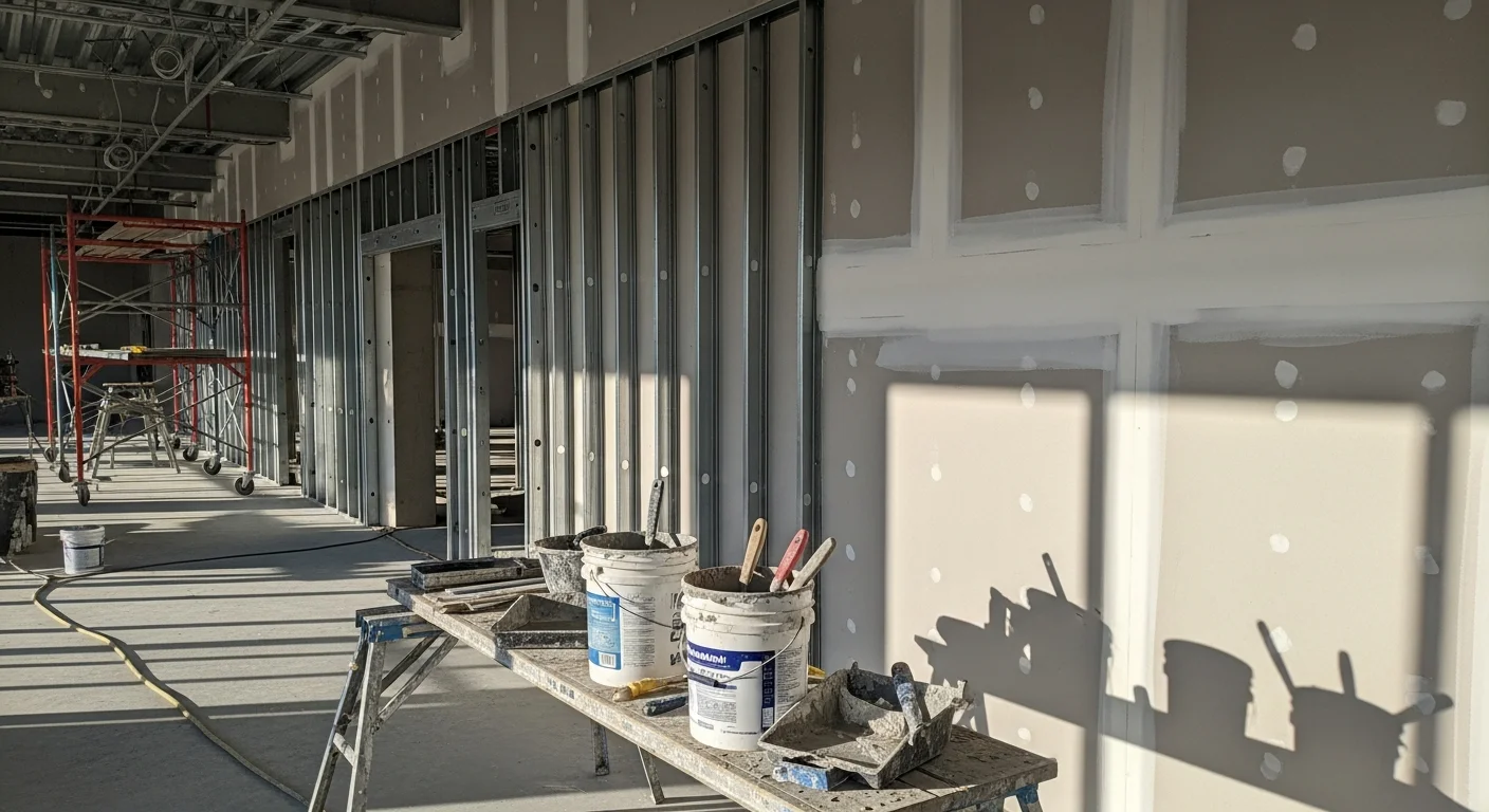 Interior of a commercial office space in Chico, California showing freshly installed and taped drywall walls and ceiling ready for paint. A Primetimedrywall crew member inspects the smooth finish along a fire-rated partition wall in a multi-room commercial build-out.