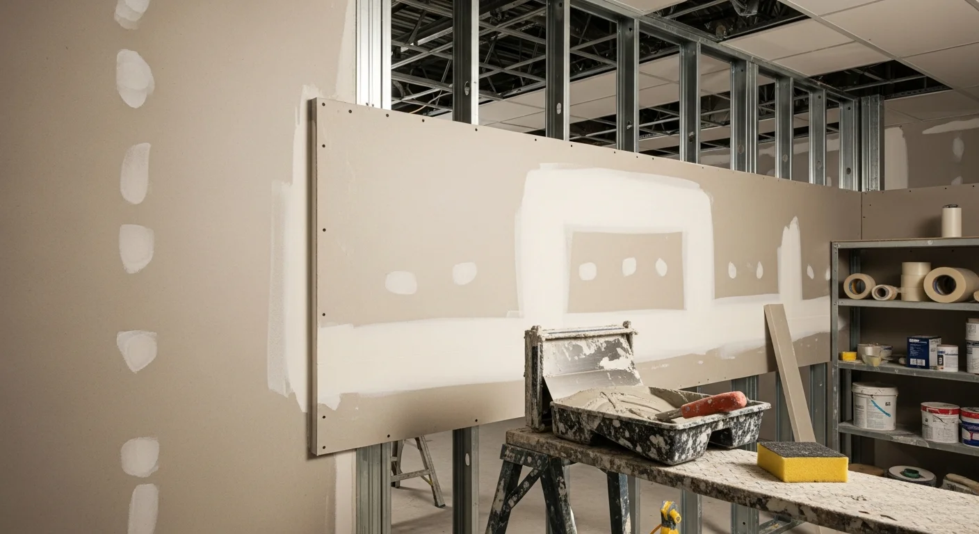 Freshly finished commercial interior walls and ceiling grid inside a Chico office buildout, showing smooth taped drywall ready for paint. Metal stud framing is visible in an adjacent open bay awaiting board installation.