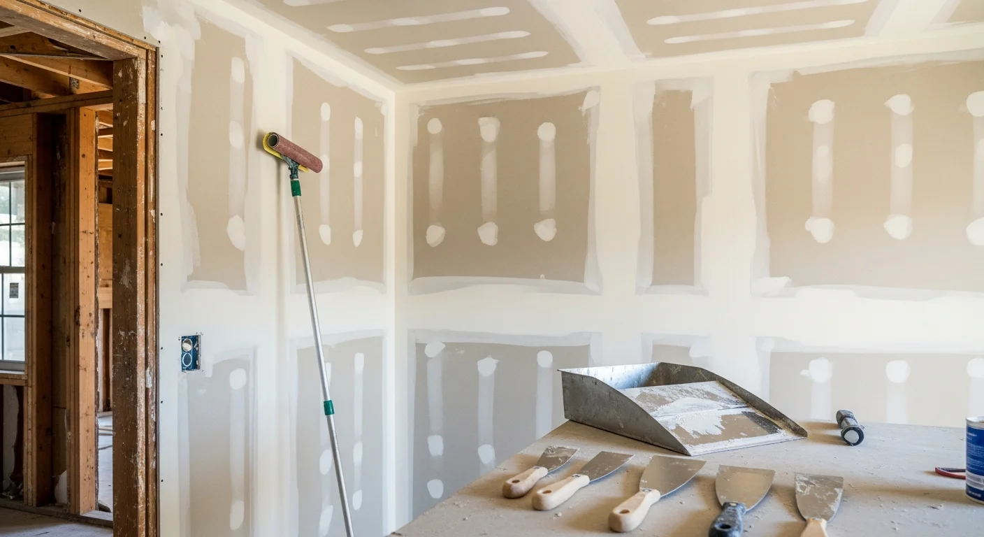 Freshly installed and taped drywall covering the walls and ceiling of a room addition in a Chico residential home. Smooth mud coats cover all seams and corners, with the space ready for sanding and texture application.