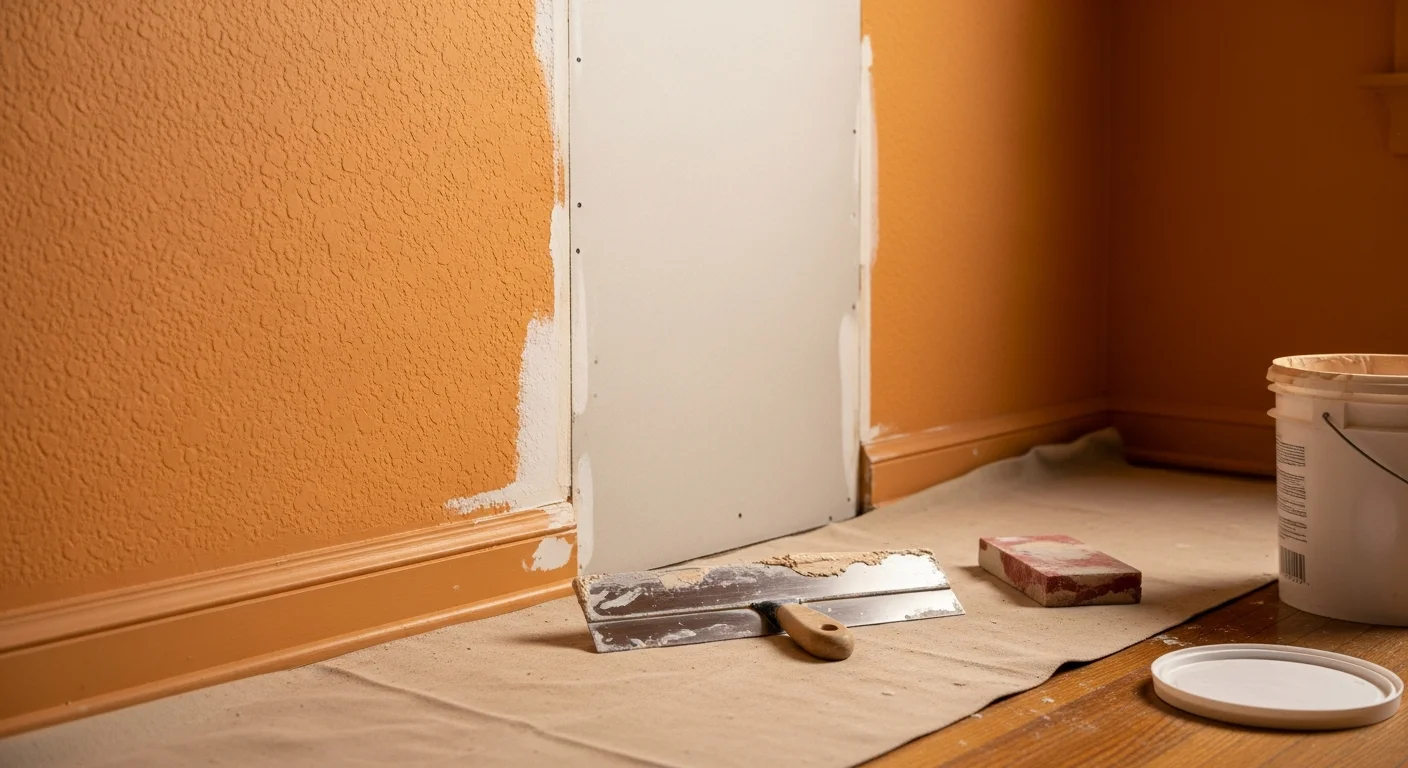 A freshly patched and textured interior wall in a Chico, CA home, showing a smooth, paint-ready surface where a hole or damaged section was repaired. The patch blends evenly with the surrounding orange peel wall texture in a residential living room.