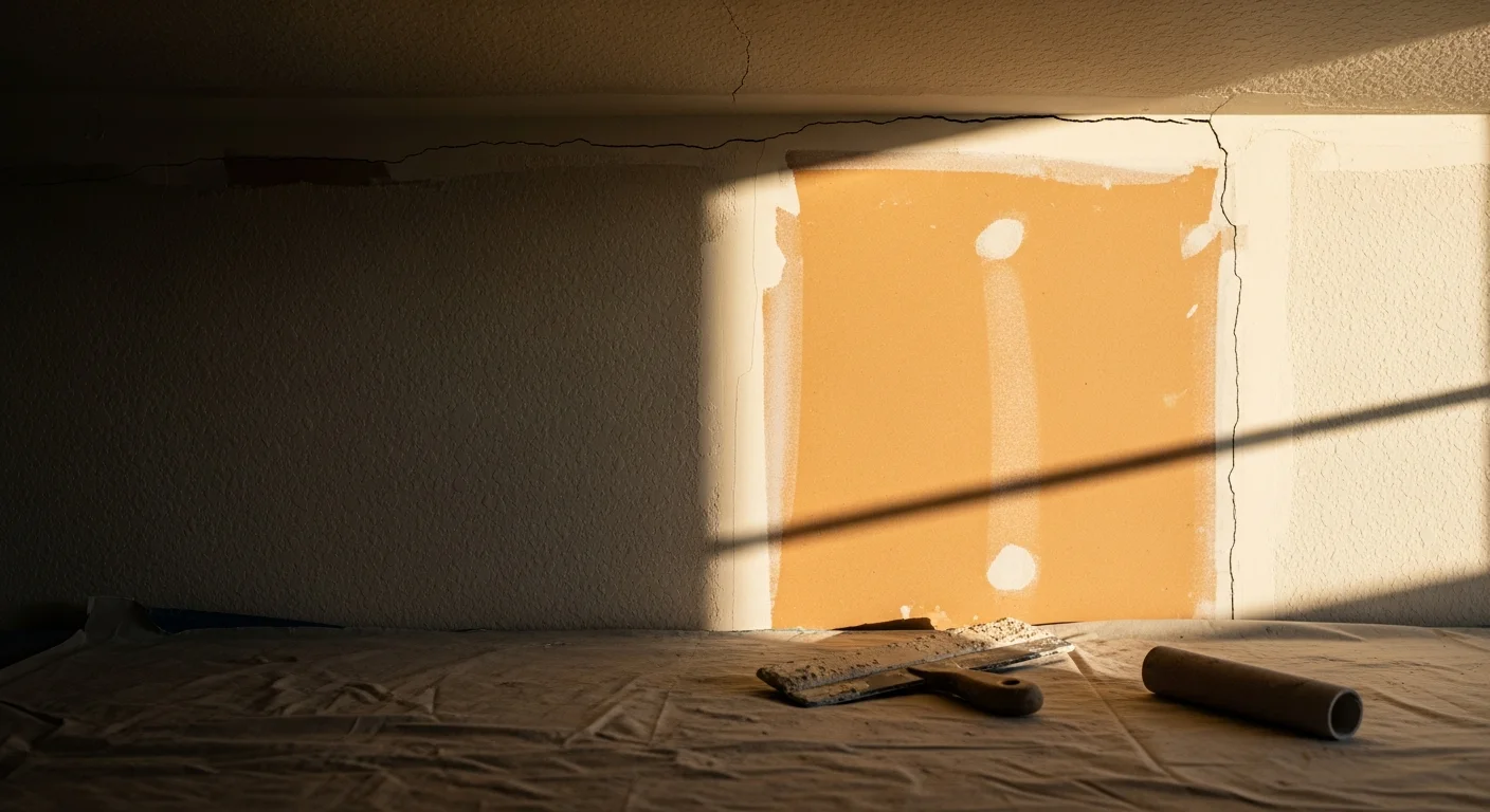 A freshly repaired interior wall in a Chico, CA home showing a smooth, texture-matched patch with no visible seams. The finished surface blends evenly with the surrounding orange peel drywall texture in a residential living room.