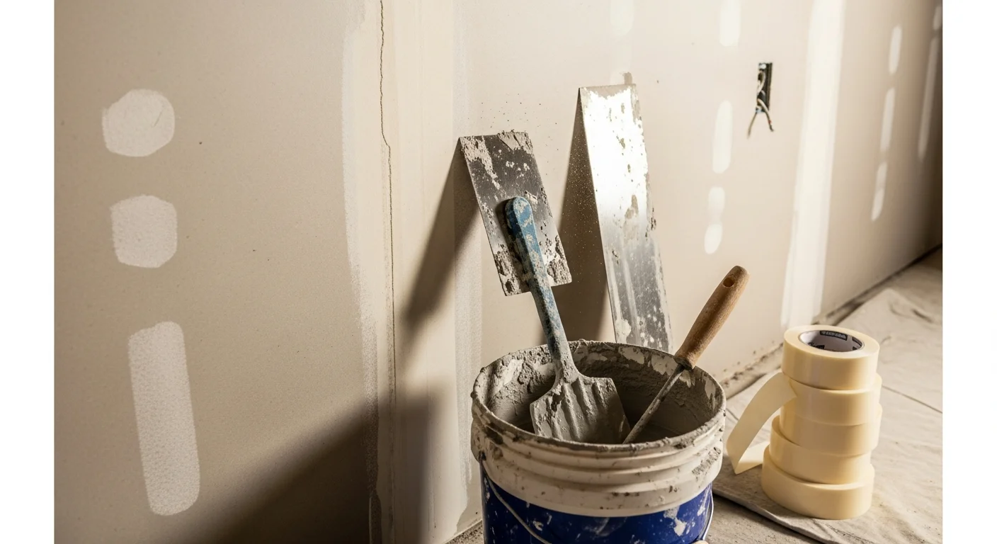 A Chico drywall contractor applying joint compound over taped seams on a freshly hung interior wall. The surface shows multiple feathered mud coats ready for sanding before paint.