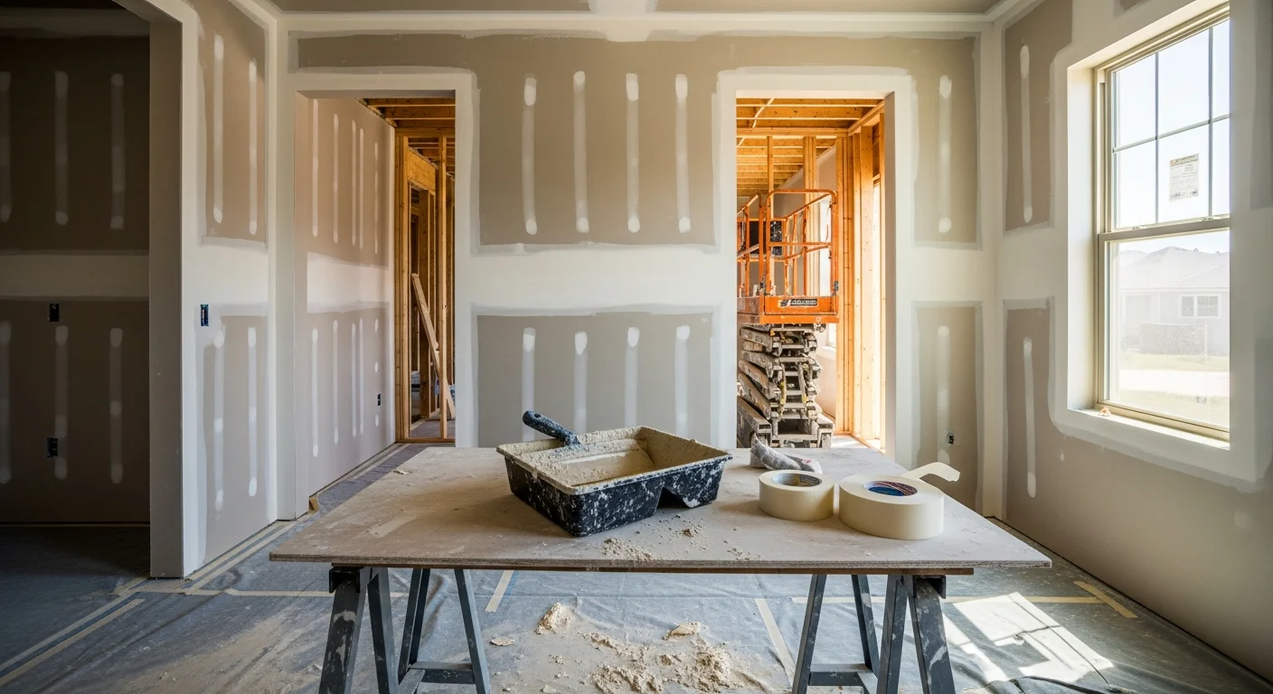 A freshly installed and finished interior drywall wall in a Chico home remodel, showing smooth, paint-ready surfaces with clean corner trim. The room framing and new wall panels are visible in an in-progress garage conversion project.