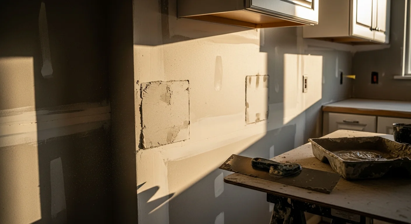 Freshly finished drywall walls and ceiling inside a kitchen remodeling project in a Chico, CA home. Smooth, paint-ready surfaces are visible with cabinet openings framed and ready for installation.