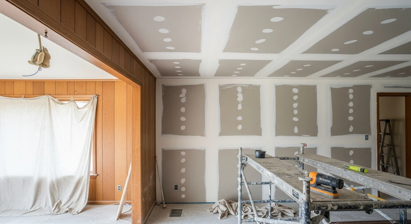 A smooth, freshly finished ceiling in a Chico home after professional popcorn ceiling removal by primetimedrywall. The surface is flat and paint-ready, with no remaining texture or scrape marks visible.