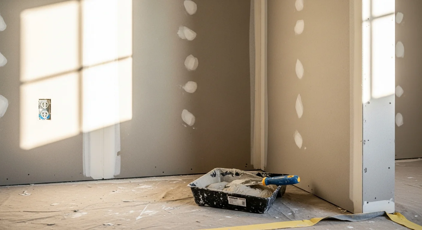 Freshly finished drywall in a remodeled living room inside a residential home in Chico, CA. Smooth walls and clean corners are ready for paint as part of a full interior renovation.