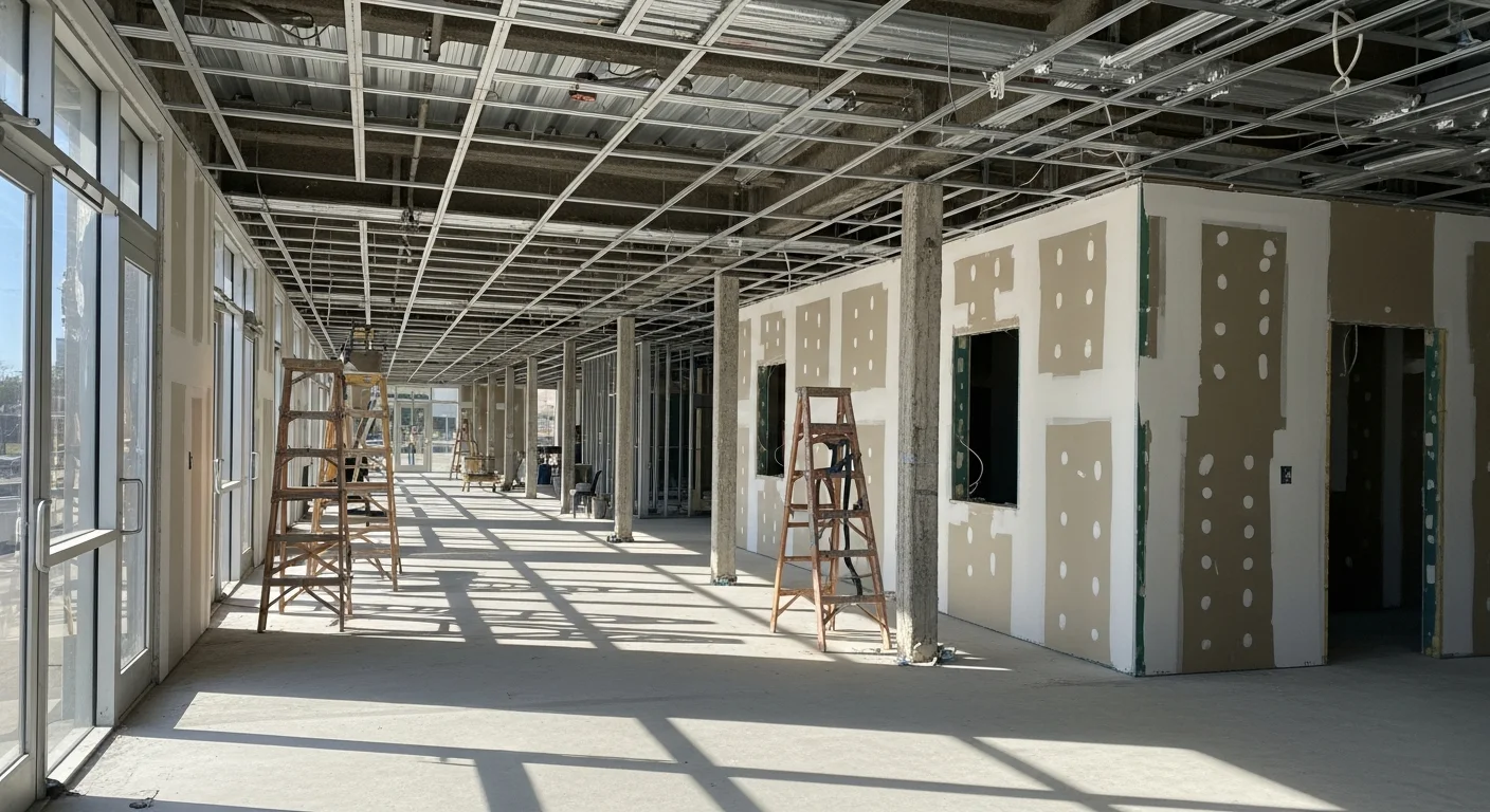 Finished commercial interior in a Chico, CA office suite showing straight drywall walls, taped and sanded joints, and steel stud framing visible in an adjacent open bay during a tenant improvement build-out. A Primetimedrywall crew member inspects wall finish levels near a newly framed partition wall.