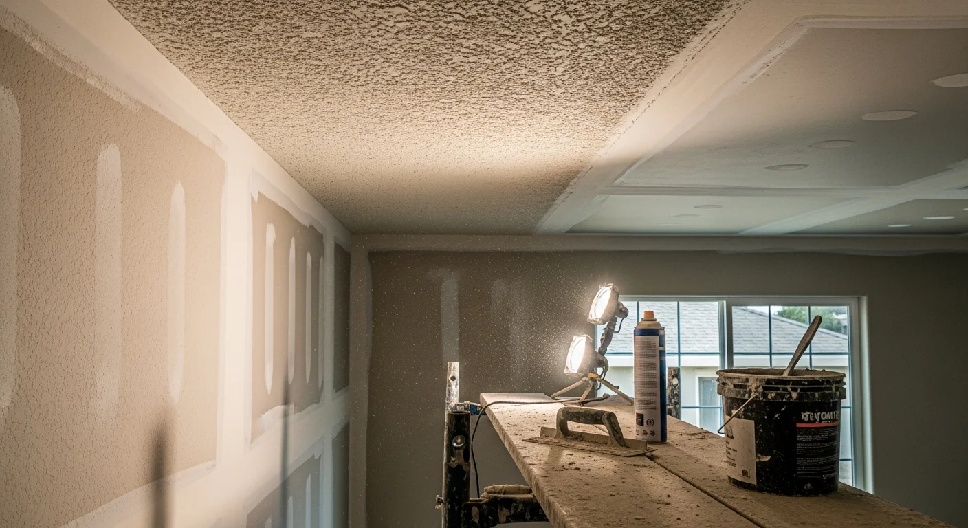 A freshly finished knockdown textured ceiling in a Chico, CA home, showing consistent pattern coverage across the full surface. The ceiling is unpainted and ready for primer in a single-family residential room.